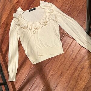 Lauren Ralph Lauren Black Label Cotton Modal Blend V-Neck Creme Frill Sweater